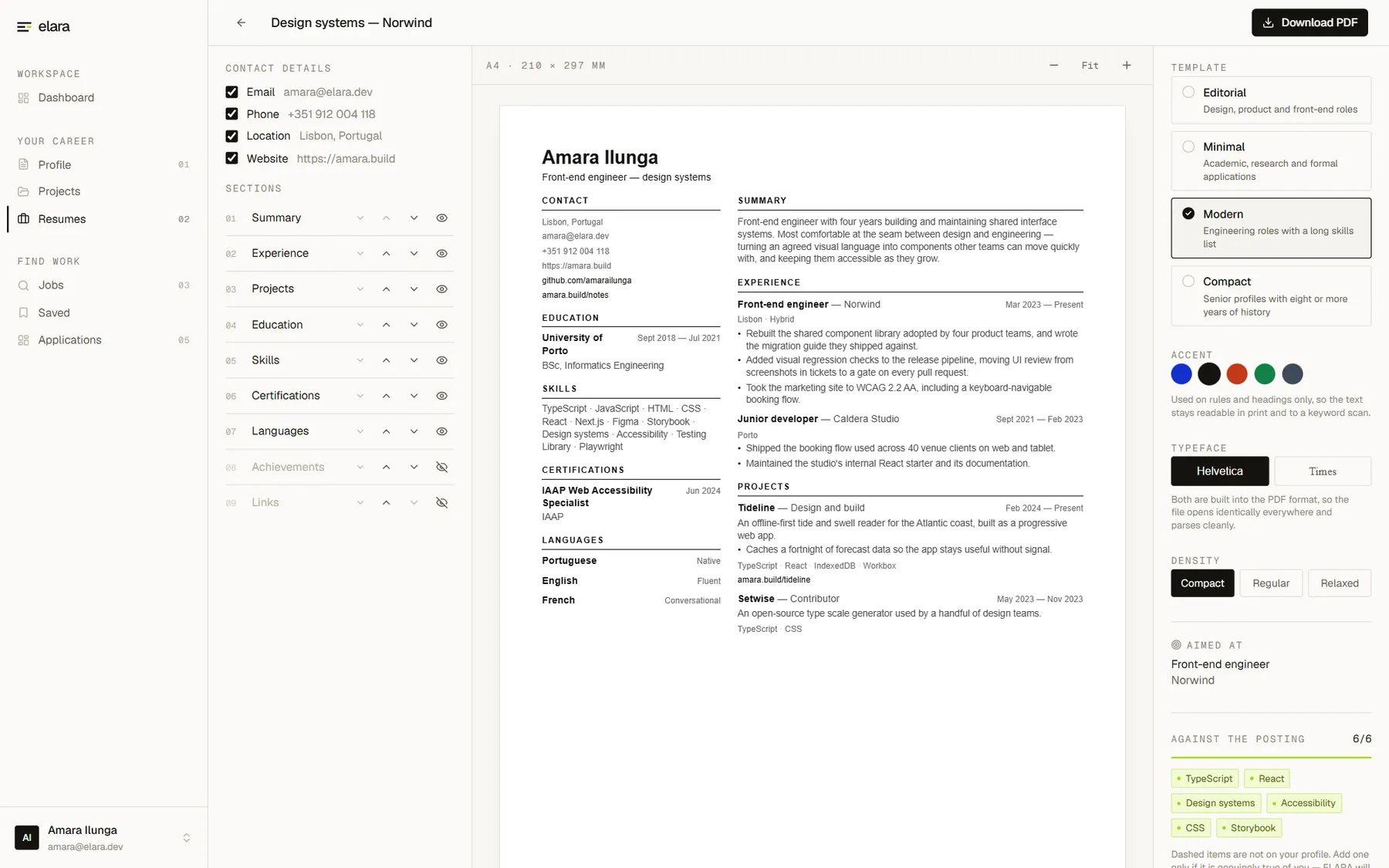 The resume editor in three panes: contact fields and nine numbered sections on the left, a live A4 page in the middle set in the Modern template, and on the right the template, accent, typeface and density controls above a panel reading “aimed at Front-end engineer, Norwind” and “against the posting 6/6”.