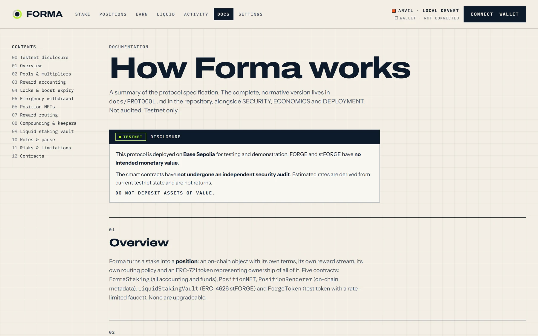 The How Forma works documentation page: a twelve-part contents list from testnet disclosure to contracts, beside a disclosure panel stating the contracts have not undergone an independent security audit and that assets of value should not be deposited.