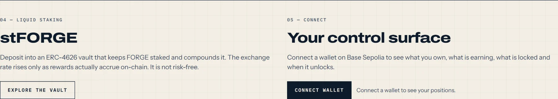 A panel describing stFORGE, an ERC-4626 vault that keeps deposited FORGE staked and compounds it, noting that the exchange rate rises only when rewards accrue on-chain.